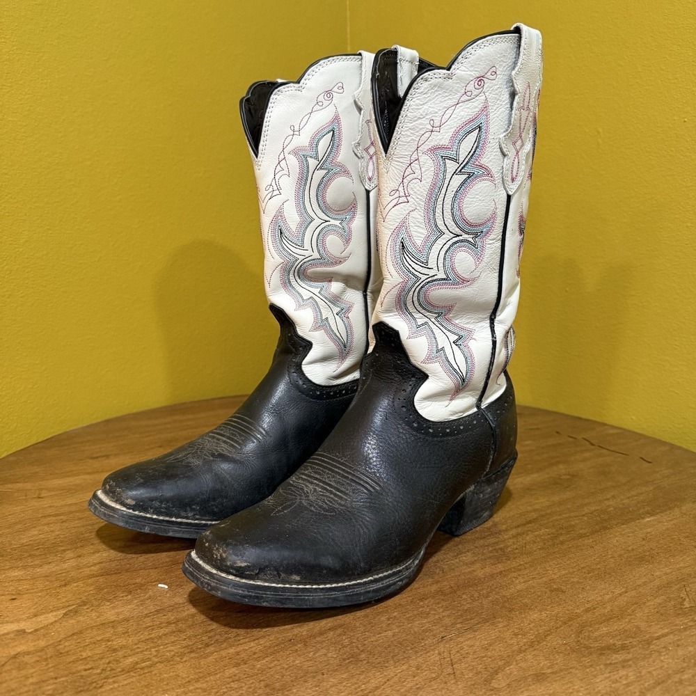 Justin 1111 Black Leather Square Toe Western Cowboy Boots 8.5 B white black Pink
